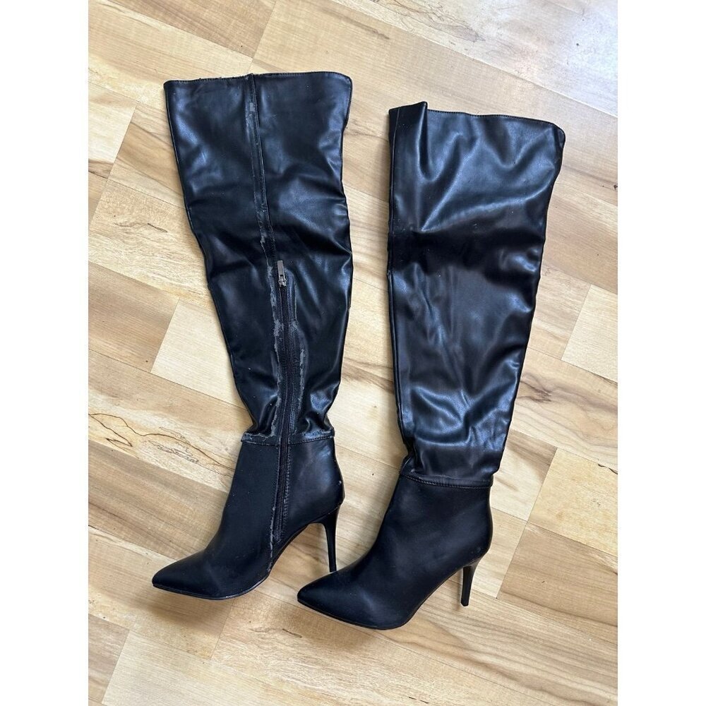 Black Faux Leather Heeled Over-the-Knee Boots – Size 6.5
